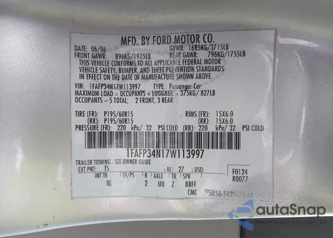 2007 Ford Focus S/Se/Ses from USA, damaged, VIN 1FAFP34N17W113997
